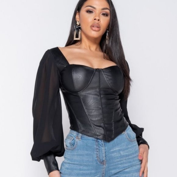 Black Vegan Leather Faux Leather Long Sleeve Bustier Top Blouse - Picture 3 of 10